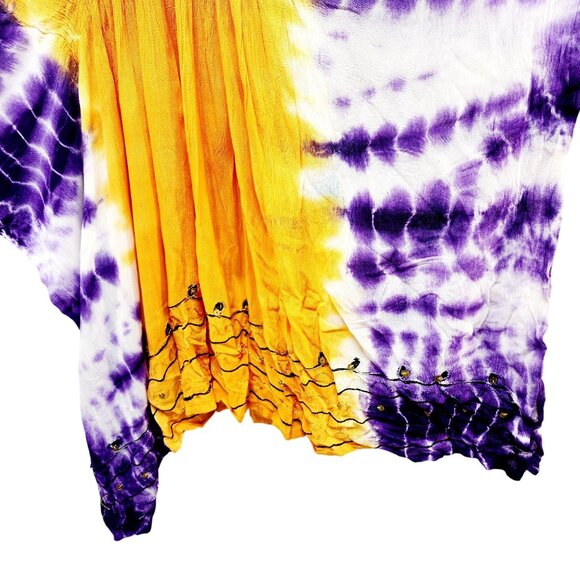 Handmade Aqua Blue Tie-Dye Caftan Top Beaded Flowy Draped Design One Size Fits - Picture 6 of 9